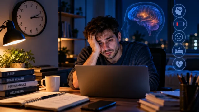 شخص مرهق أمام حاسوب في وقت متأخر من الليل في مشهد يوضح الحرمان من النوم