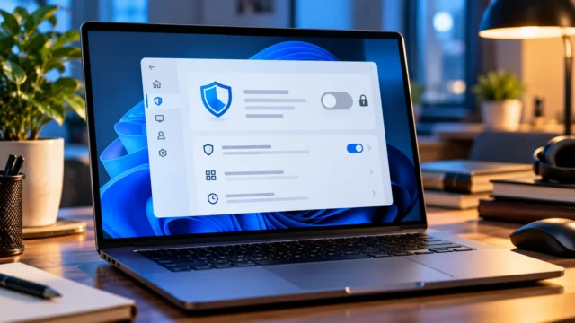 Conceptual Windows 11-style security panel with a disabled grey toggle on a laptop; not a real Microsoft interface screenshot