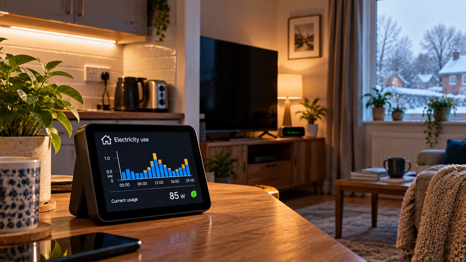 Why Your Smart Meter Shows Electricity Usage When Everything Is Off 1 Smart in-home electricity monitor showing residual power use in a winter living room (AI-generated illustration)