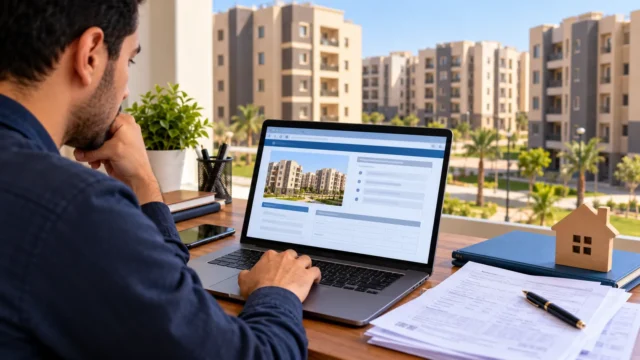مواطن مصري يتابع طلب شقق الإسكان الاجتماعي على الكمبيوتر أمام مبان سكنية حديثة