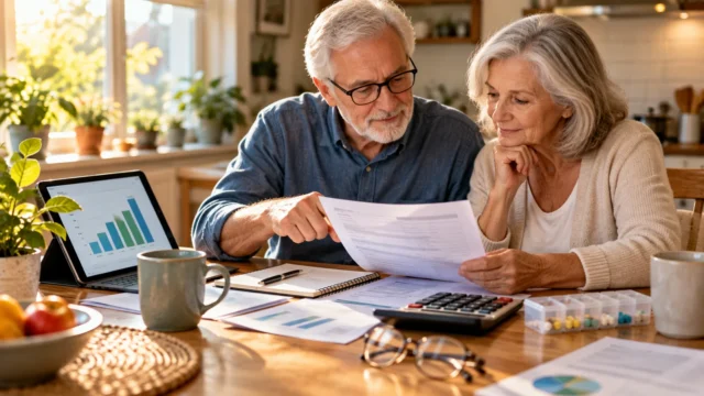 Retired couple reviewing benefit statements and household budget beside a tablet, calculator and financial paperwork at home