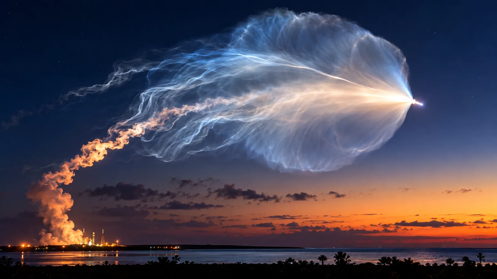 SpaceX Space Jellyfish Explained: Why Rockets Create Glowing Clouds 1 Illustration of a rocket creating a glowing jellyfish-shaped exhaust plume at twilight