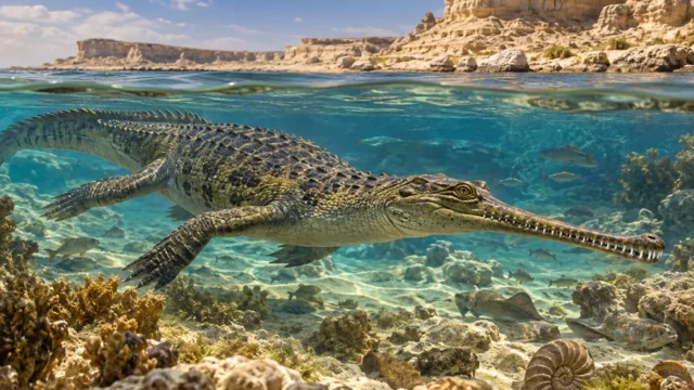 تصور فني لـ Herugavialis cairensis وهو يسبح في البيئة البحرية التي غطت شمال مصر قبل نحو 45 مليون سنة