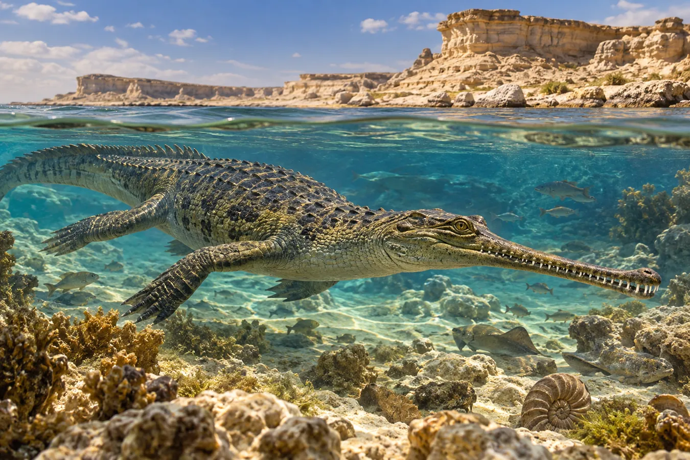 تصور فني لـ Herugavialis cairensis وهو يسبح في البيئة البحرية التي غطت شمال مصر قبل نحو 45 مليون سنة