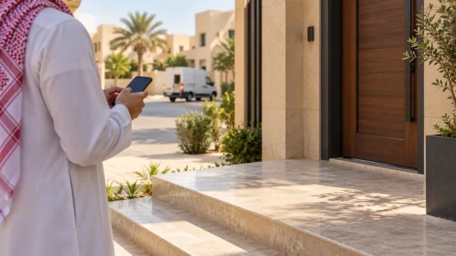 مشهد توضيحي لشخص يراجع هاتفه أمام مدخل منزل خالٍ من الطرود في السعودية