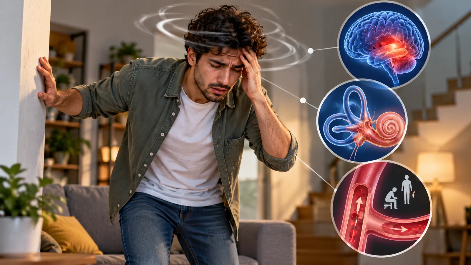 Person feeling dizzy on standing with medical illustrations of brain, ear and circulation