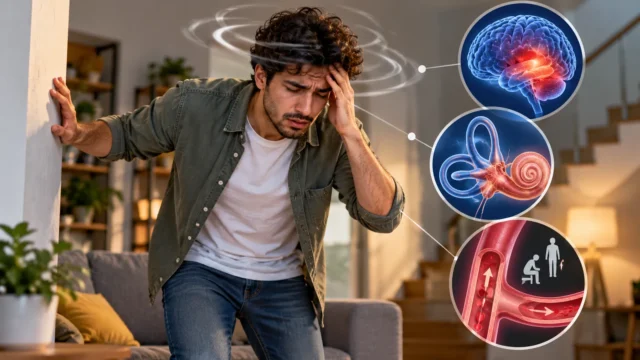 شخص يشعر بالدوخة عند الوقوف مع توضيح الدماغ والأذن والدورة الدموية