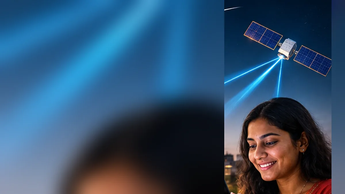 Starlink in India: Musk Promises Affordable Satellite Internet as Jio Prepares for IPO 1 An Indian woman using a smartphone beneath a communications satellite over an Indian city