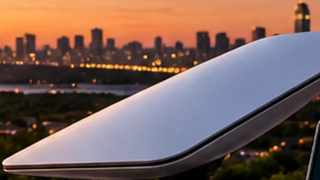 A satellite internet dish overlooking a large city skyline at sunset