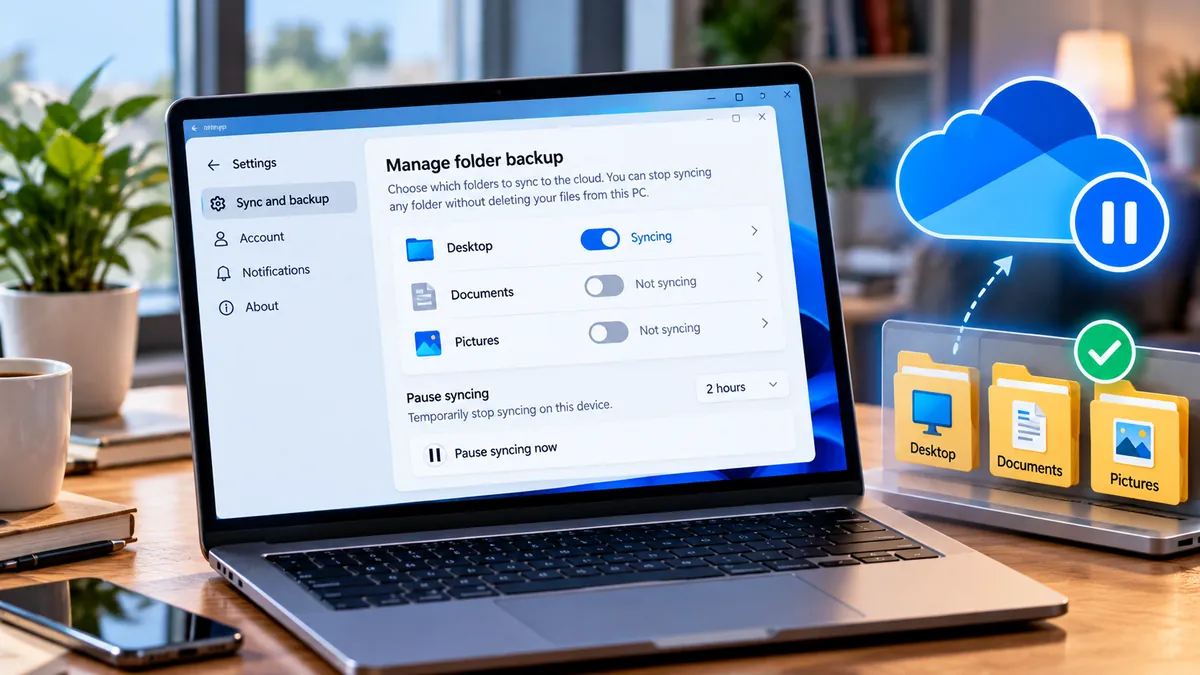 How to Stop OneDrive From Syncing Everything Without Losing Files (Windows 11 & 10) 1 Windows laptop showing illustrative OneDrive folder backup controls with cloud sync paused and local folders