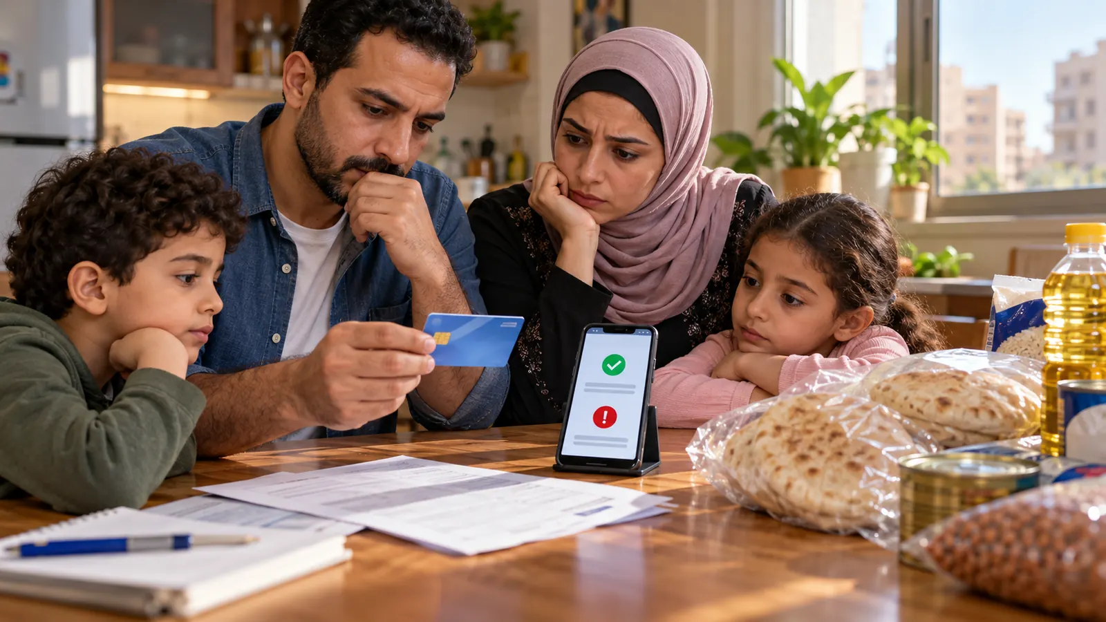 بطاقة التموين موقوفة؟ دليل معرفة السبب والتظلم وإعادة التشغيل في مصر 1 أسرة مصرية تراجع بطاقة التموين ومستندات الدعم مع هاتف يعرض حالة الخدمة