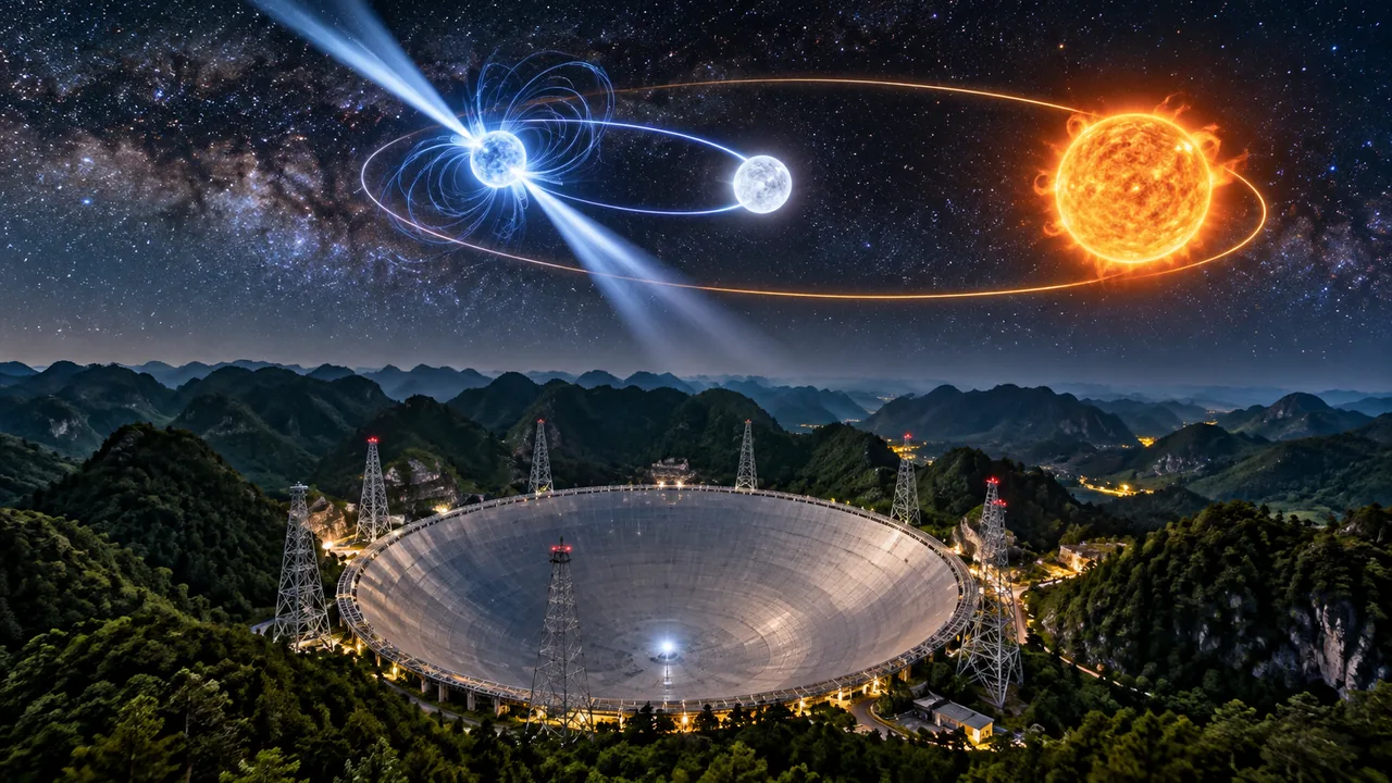 Strange Cosmic Signal Leads Scientists to a Rare Triple-Star System 1 A giant radio telescope beneath a visualized triple-star system containing a pulsar, white dwarf and Sun-like star