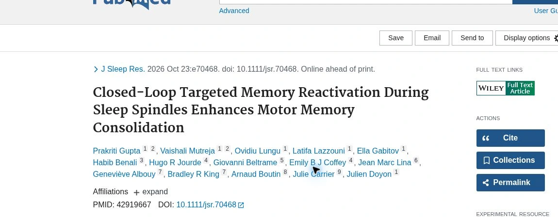 لقطة حقيقية من PubMed تعرض عنوان دراسة إعادة التنشيط المرتبطة بمغازل النوم ورقمها 42919667