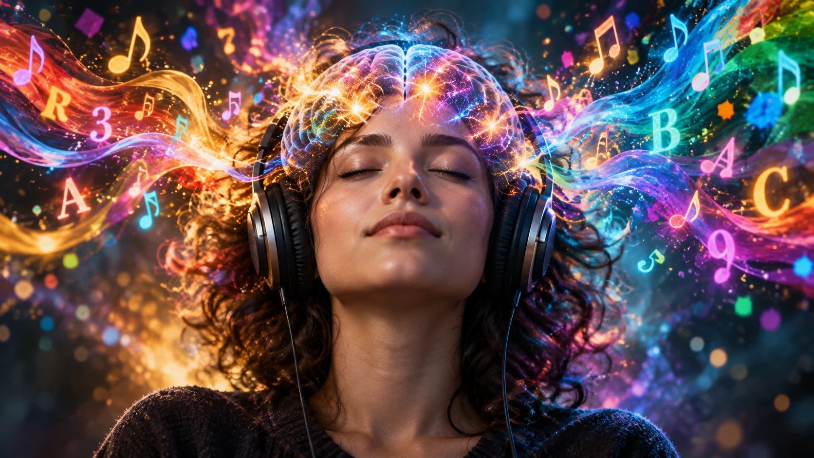 Synesthesia: Why Some People See Sounds and Taste Words 1 Artistic illustration of synesthesia with music, colors, letters, and a glowing brain