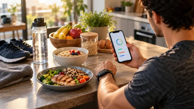 Person checking daily calorie and activity estimates on a phone beside balanced meals and workout gear