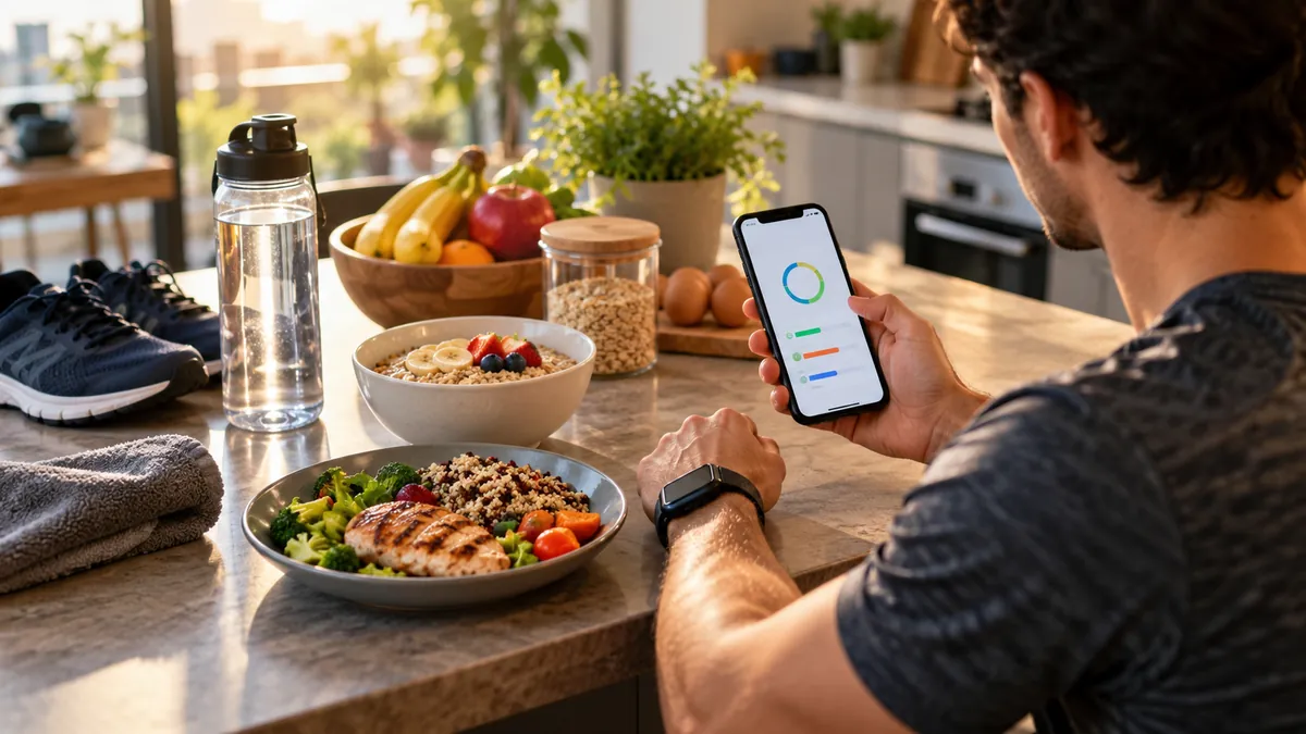 TDEE Calculator Explained: How Many Calories Do You Really Need? 1 Person checking daily calorie and activity estimates on a phone beside balanced meals and workout gear