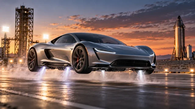 AI-generated conceptual silver electric supercar hovering above a test track using thrusters at sunset