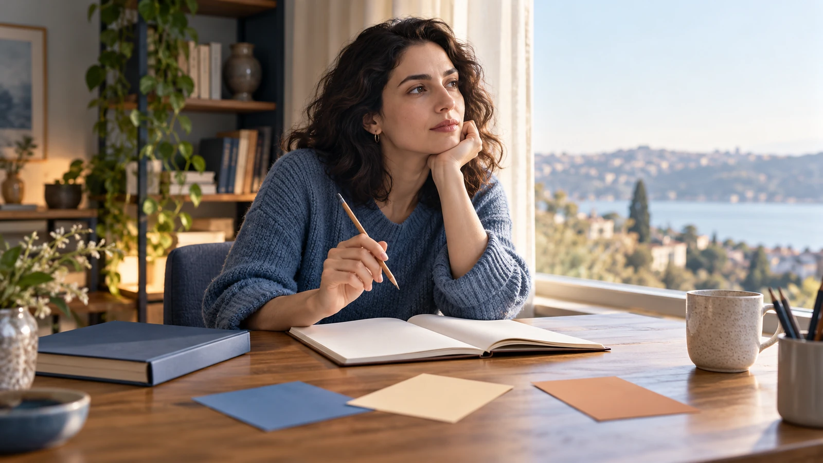 صورة تعبيرية لامرأة تتأمل بجوار نافذة ودفتر مفتوح لتوضيح اختلاف أنماط التفكير
