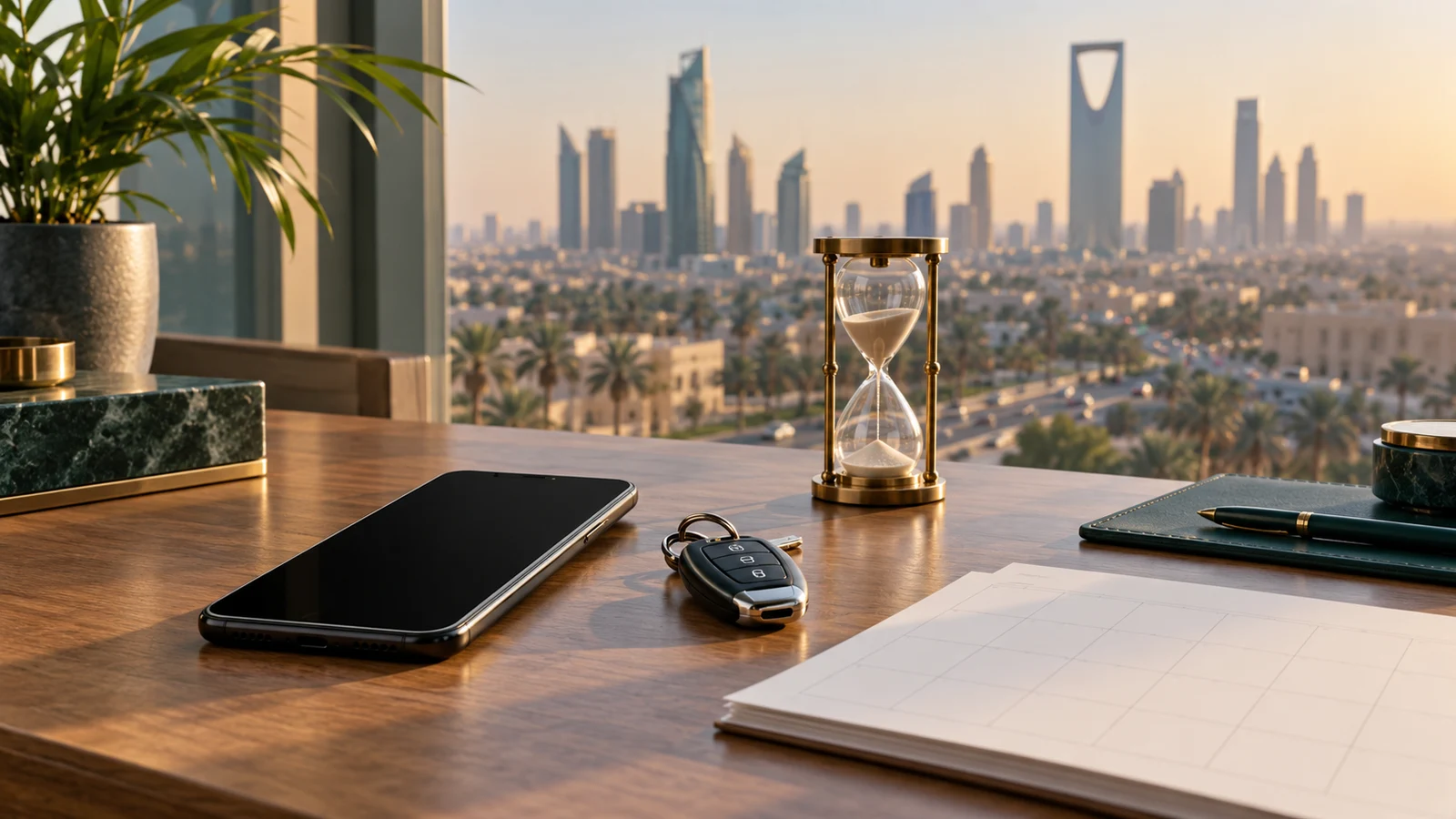 هاتف ومفتاح سيارة وساعة رملية على مكتب يرمزون إلى متابعة موعد سداد المخالفات في السعودية