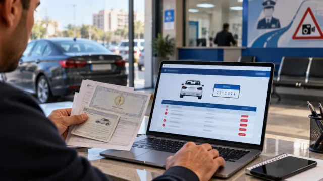 مواطن يستعلم عن مخالفات سيارته باستخدام اللابتوب داخل مقر مرور مع أوراق المركبة