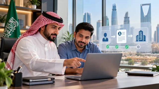 موظف سعودي وعامل وافد يراجعان طلب نقل الخدمات على حاسوب في مكتب حديث