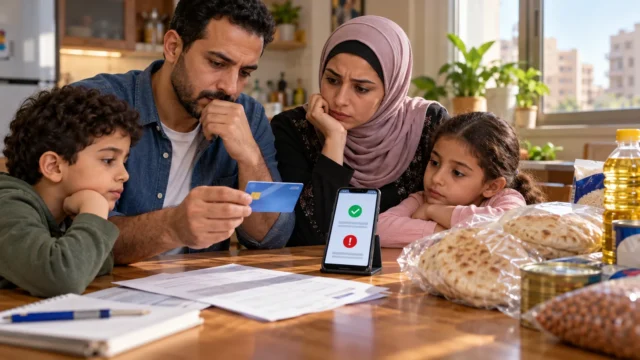 أسرة مصرية تراجع بطاقة دعم تمويني ومستندات الأسرة على مائدة المنزل