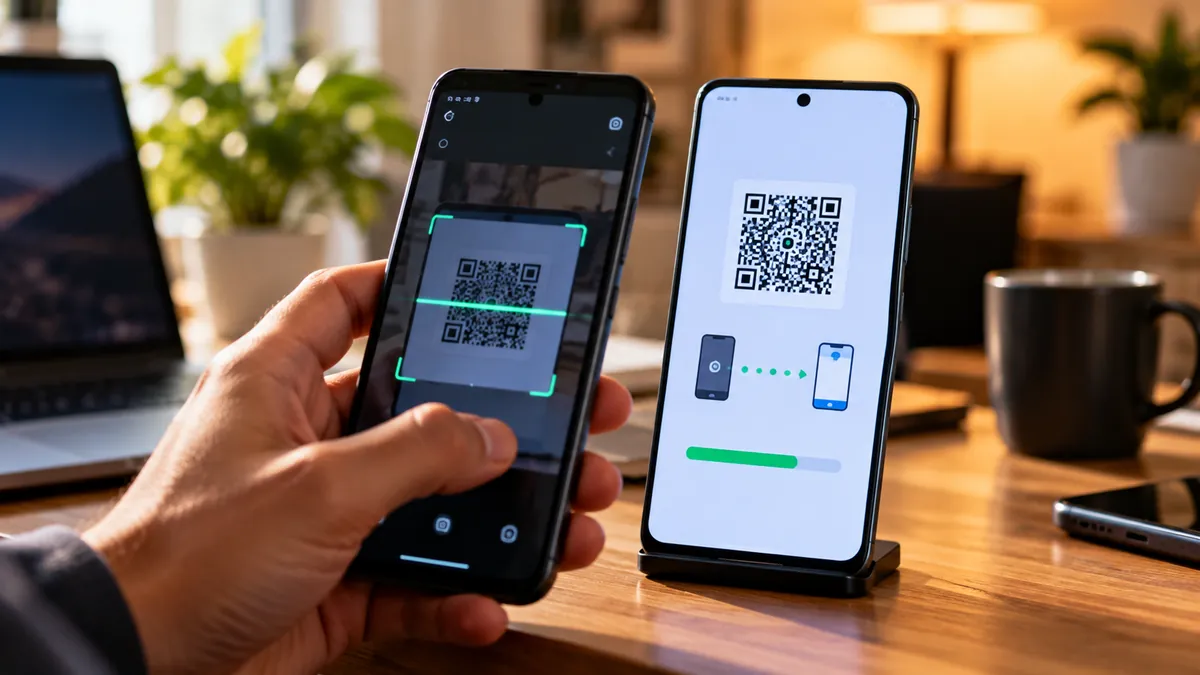 نقل محادثات واتساب إلى هاتف جديد بالـQR بدون Google Drive.. الطريقة الرسمية خطوة بخطوة 1 هاتفان ينقلان محادثات واتساب مباشرة باستخدام رمز QR