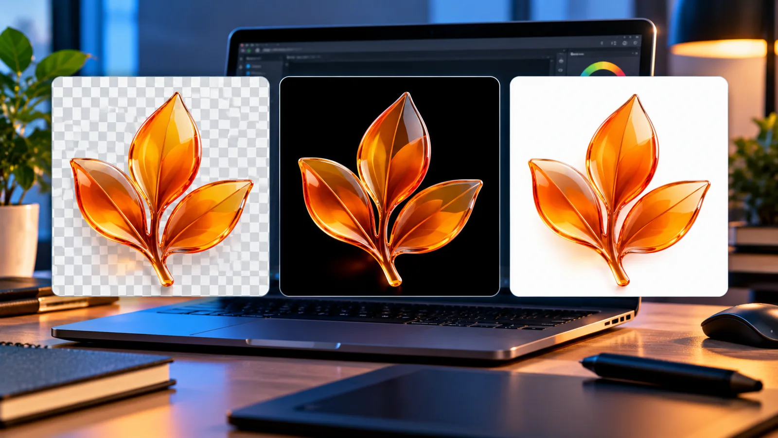 Why a Transparent PNG Background Turns Black or White After Upload — and How to Fix It 1 Three previews of the same transparent amber logo on a checkerboard, black, and white backgrounds at a modern digital design workspace