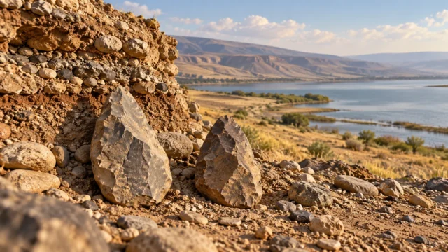 مشهد تصوري لأدوات حجرية قديمة في بيئة بحيرية مستوحاة من العصر الحجري القديم
