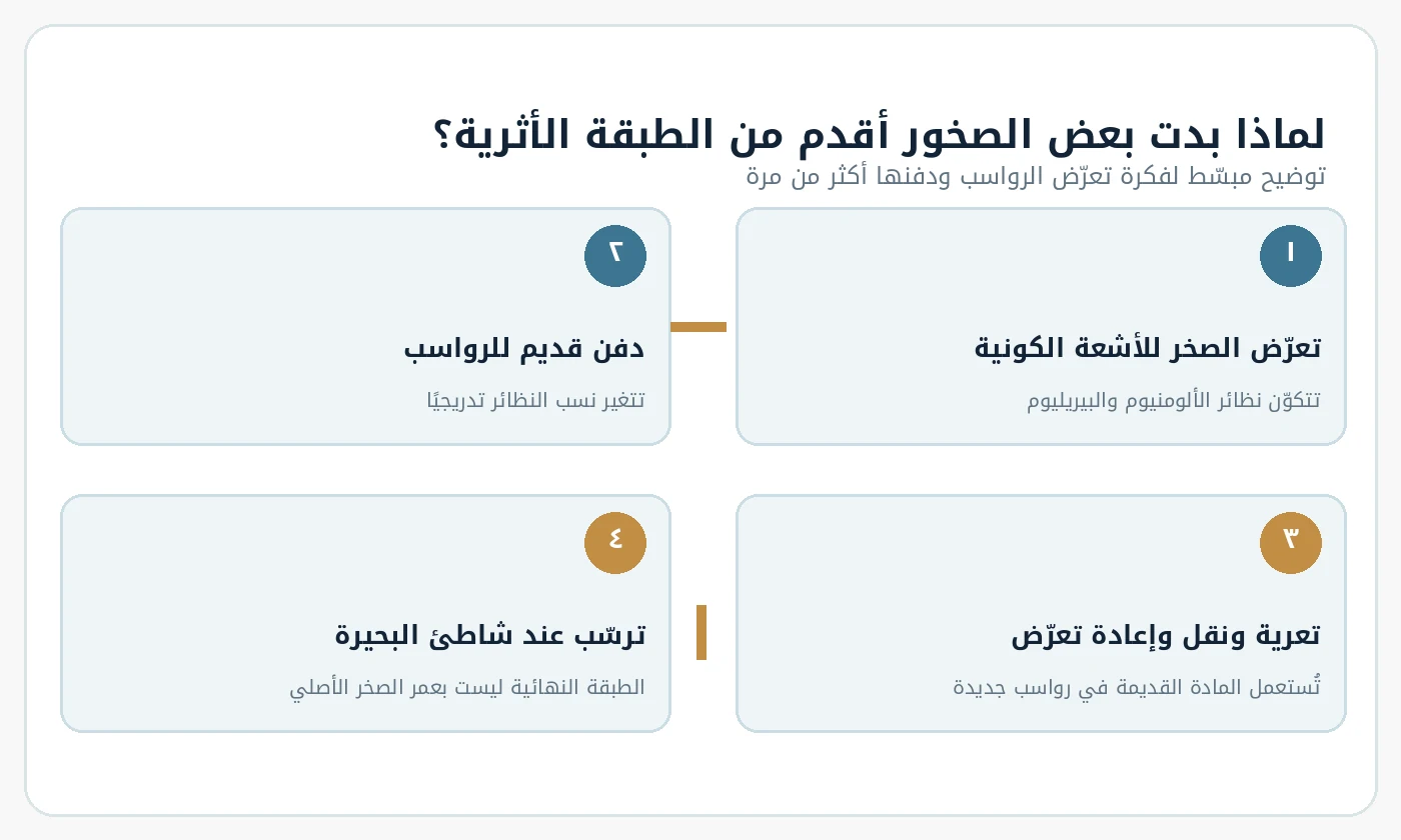 رسم توضيحي عربي يشرح التعرض للأشعة الكونية والدفن والتعرية وإعادة ترسيب الحصى