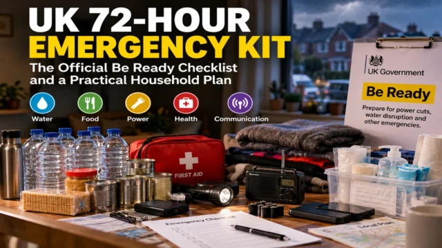 Emergency kit with bottled water, food, radio, torch, first-aid supplies and blankets in a UK home