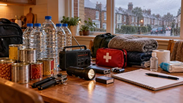 Emergency supplies including bottled water, canned food, radio, torch and first aid kit on a kitchen table in a UK home