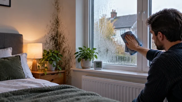 Condensation on bedroom window with damp wall and homeowner wiping moisture