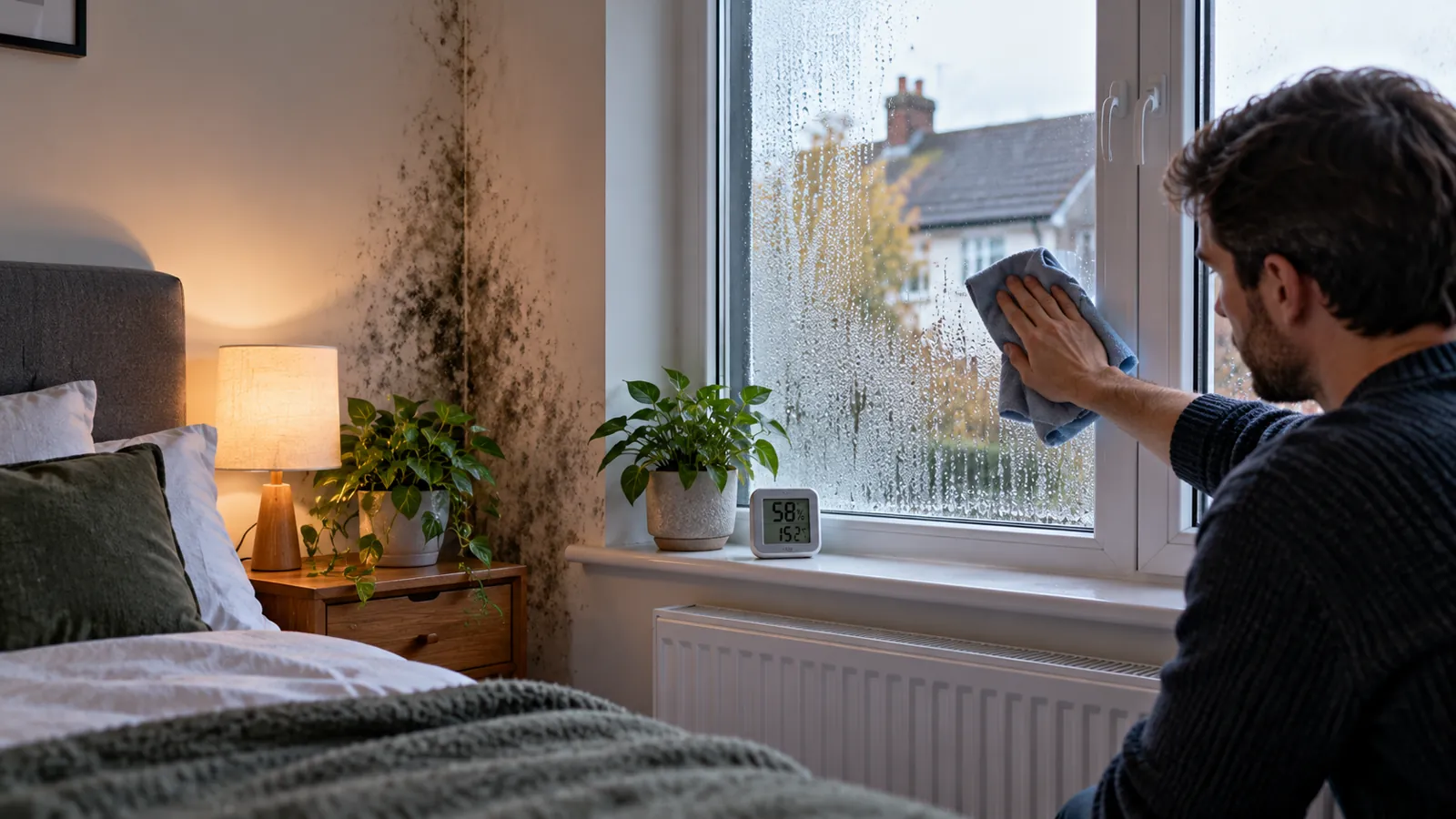 How to Reduce Damp and Condensation in a UK Home Without Expensive Renovations 1 Condensation on bedroom window with damp wall and homeowner wiping moisture