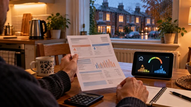 Household checking gas and electricity bills next to a smart energy display on a rainy evening in Britain (AI-generated editorial illustration)