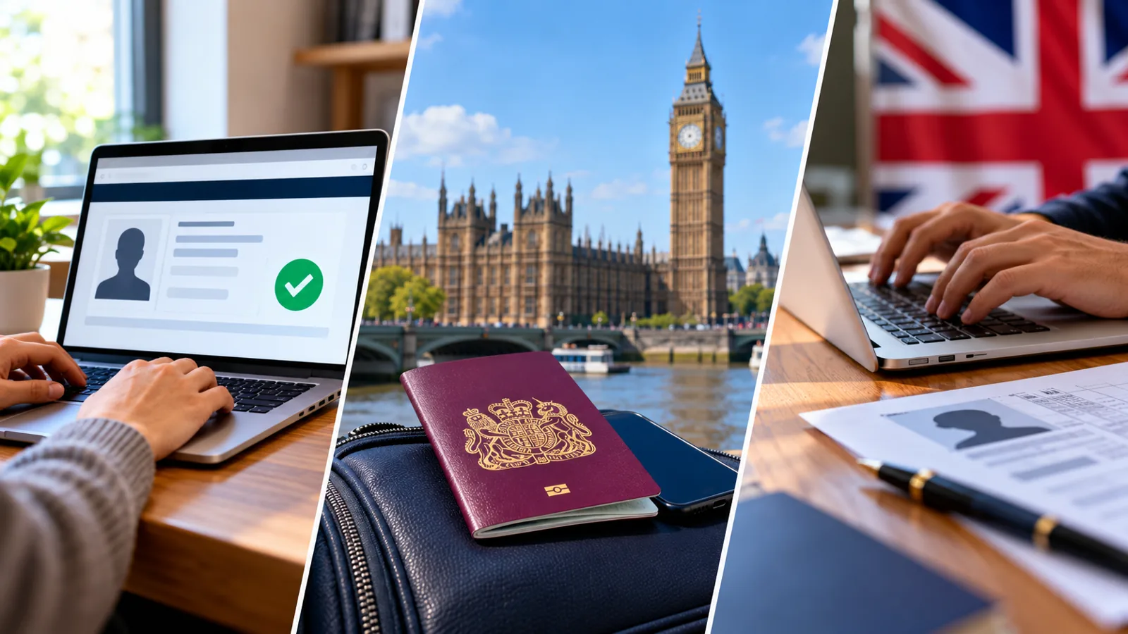 UKVI Account Login Not Working: Recover Access to Your eVisa 1 Conceptual illustration of UK digital immigration services with laptop, passport and London landmarks
