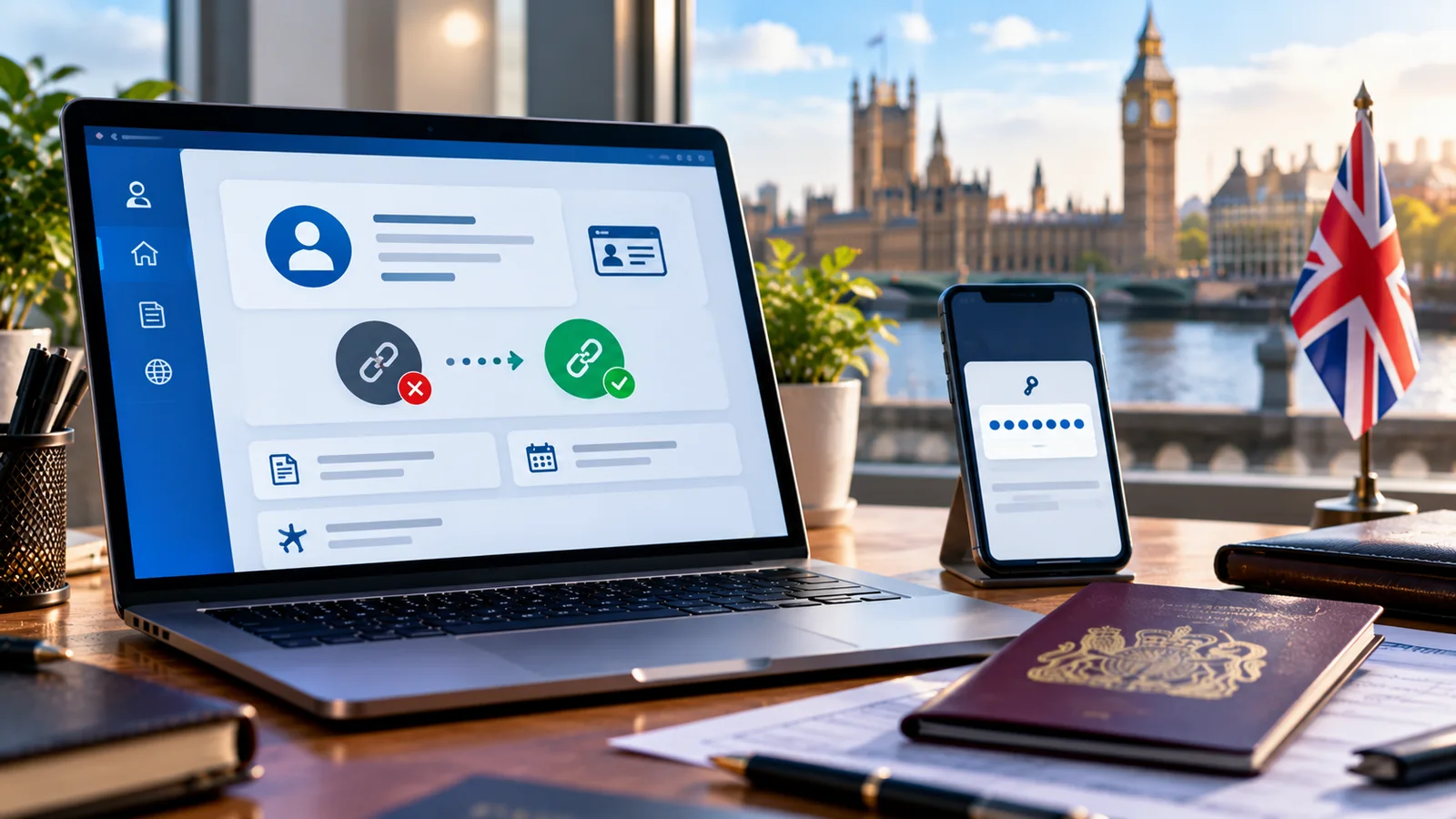 Laptop and phone showing symbolic UK immigration status verification beside travel documents overlooking London