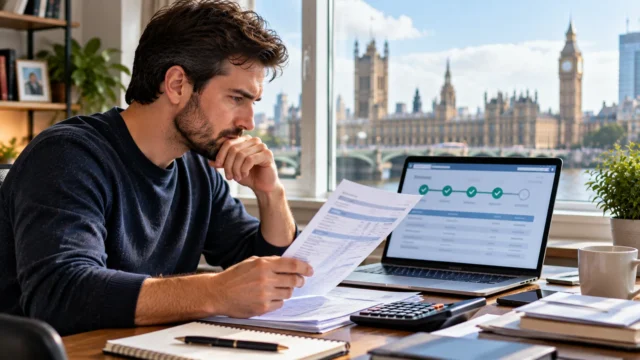 Man reviewing National Insurance and retirement paperwork on a laptop at a desk in London