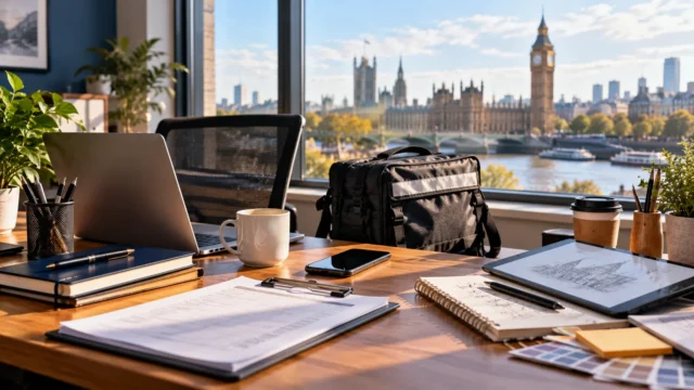 London desk with laptop, courier bag and freelance design materials representing UK employment arrangements