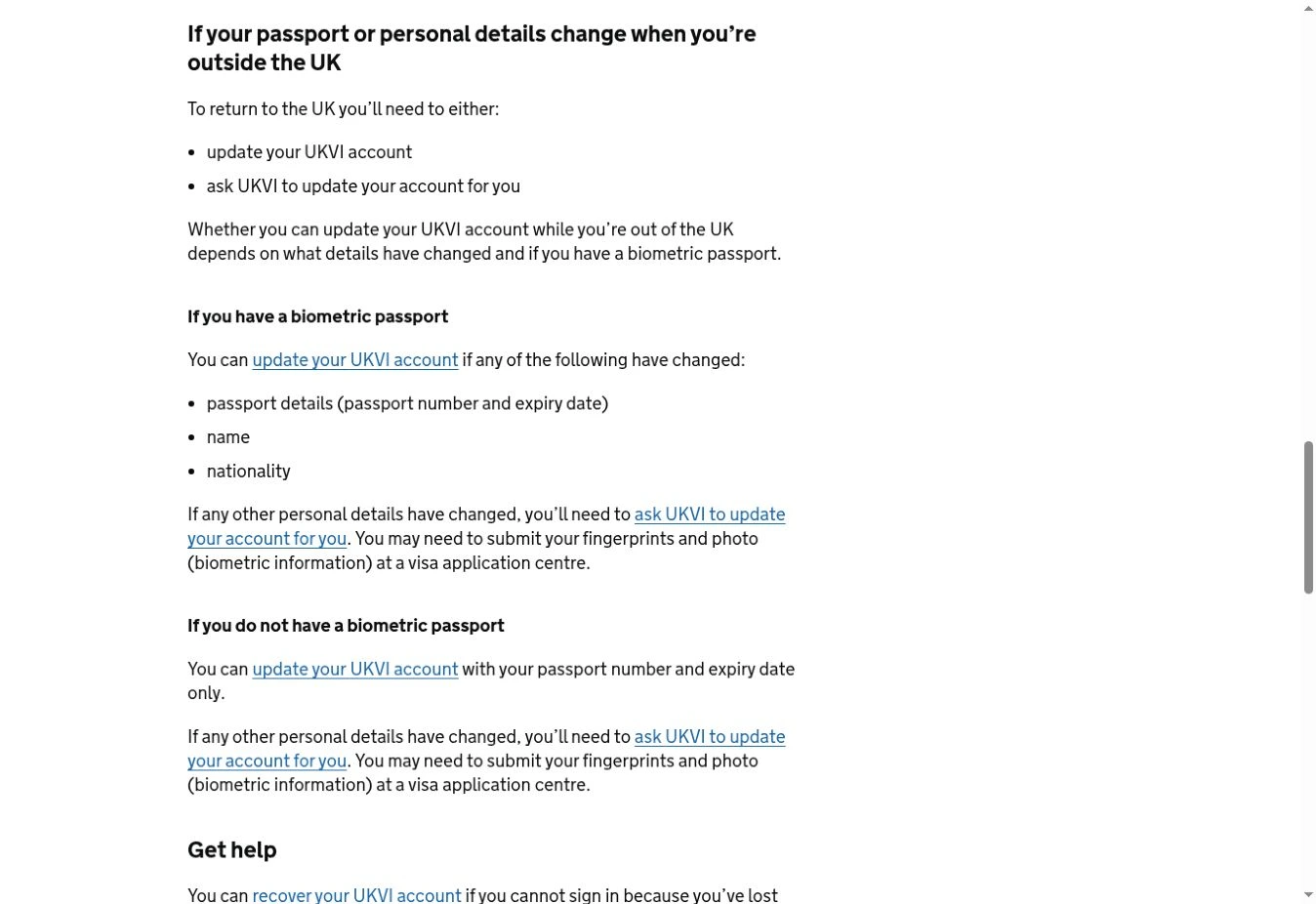 GOV.UK guidance explaining passport updates outside the UK for biometric and non-biometric passports