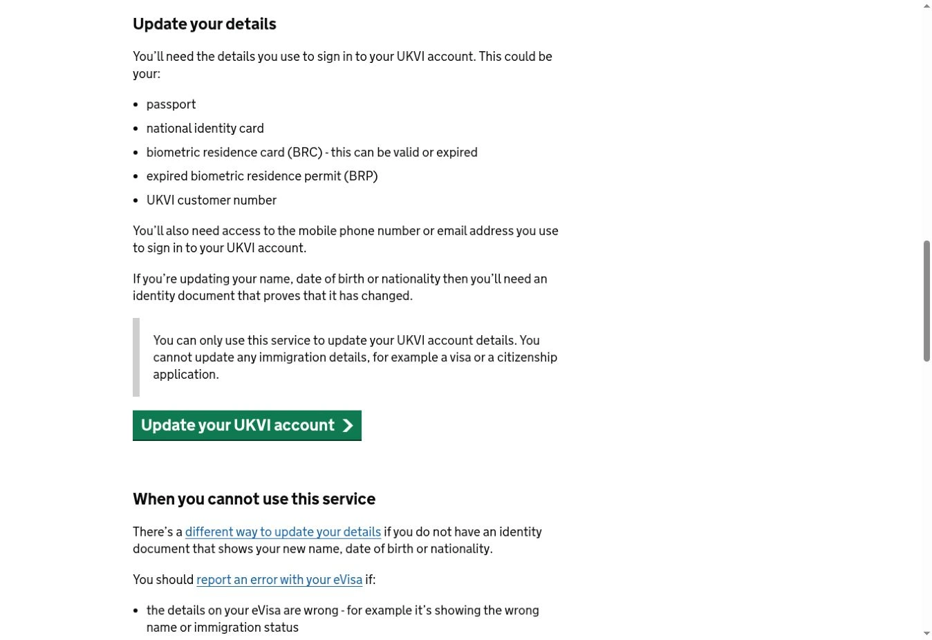 GOV.UK public guidance showing documents used to sign in and the Update your UKVI account button