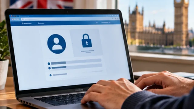 Illustration of a person using a laptop for an online account update with London in the background