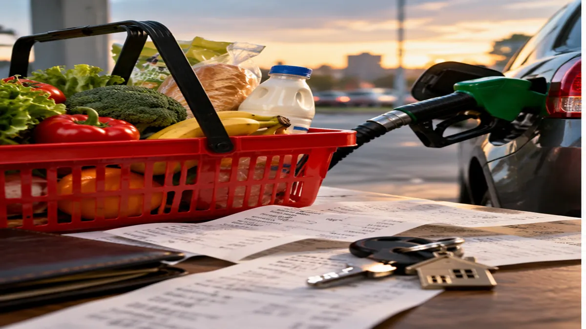Groceries, gasoline pump and household receipts illustrating US consumer inflation