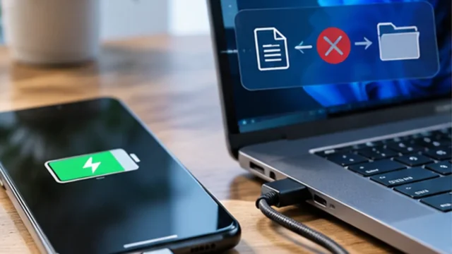 Android phone charging through a USB-C cable connected to a Windows laptop while file sharing fails