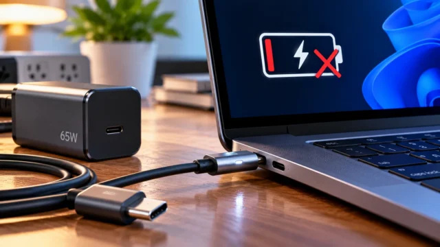 USB-C laptop connected to charger with low battery warning, illustrative image