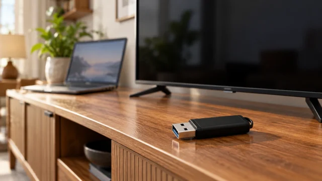 USB flash drive on a television console with a laptop and TV in the background