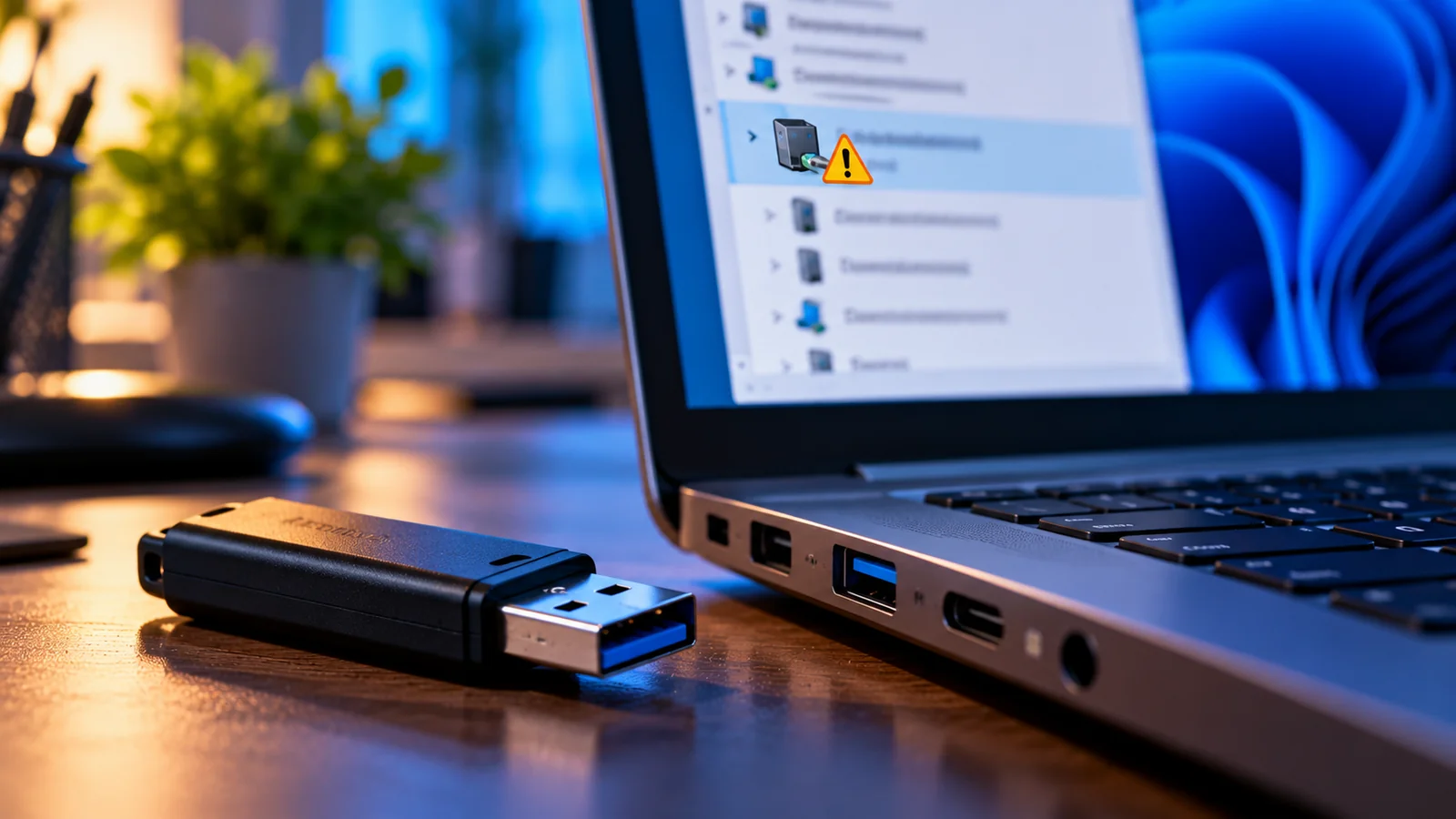 USB Device Descriptor Request Failed on Windows 11: Complete Troubleshooting Guide 1 USB flash drive beside a Windows laptop displaying a USB device warning in Device Manager