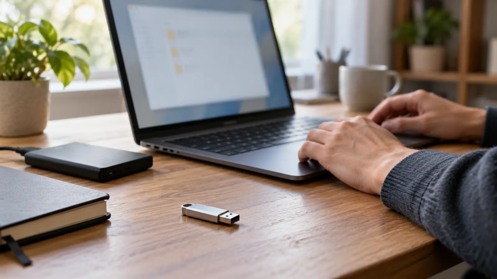 USB Drive Empty but Space Used? Find the Missing Data Safely 1 USB flash drive beside an unbranded laptop and a separate backup drive