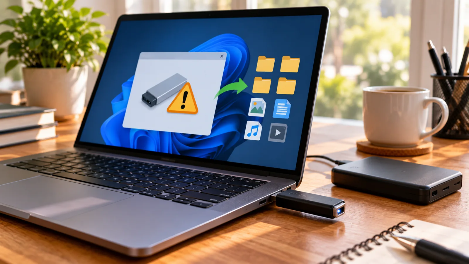 How to Recover Files From a USB Drive That Asks to Be Formatted (Without Losing Data) 1 Laptop showing USB storage warning beside flash drive and external backup drive