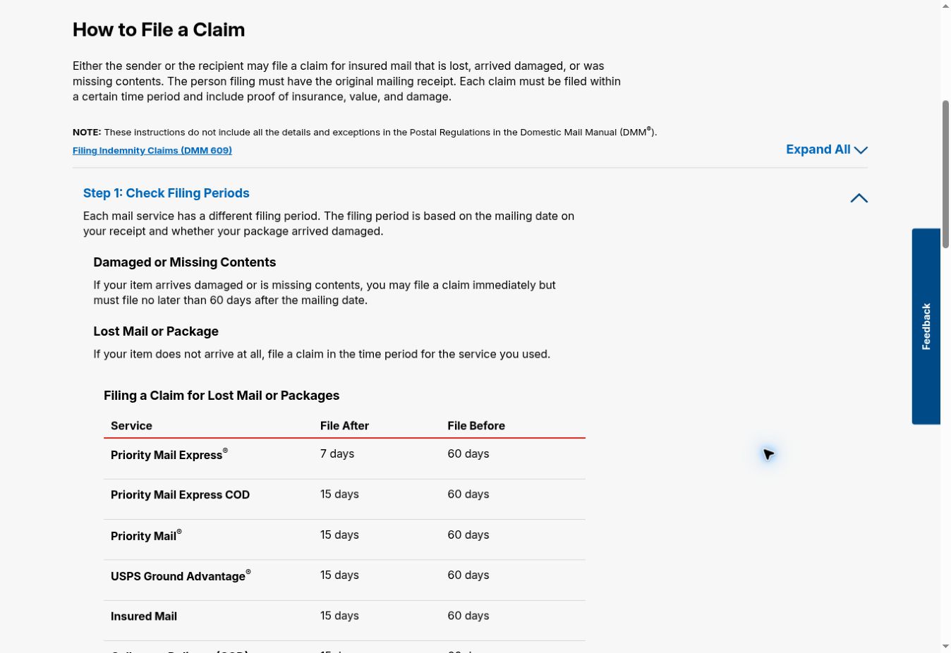 Official USPS domestic claims page showing the filing-period section and different claim windows for Priority Mail Express, Priority Mail and Ground Advantage